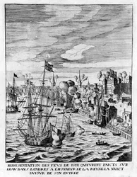 Tänd eld i Towern i London och kanoneld för att hedra ankomsten av drottning Marie de Medici, illustration från "Histoire de Entrée de la Reyne Mère dans la Grande Brétaigne" av Jean Puget de